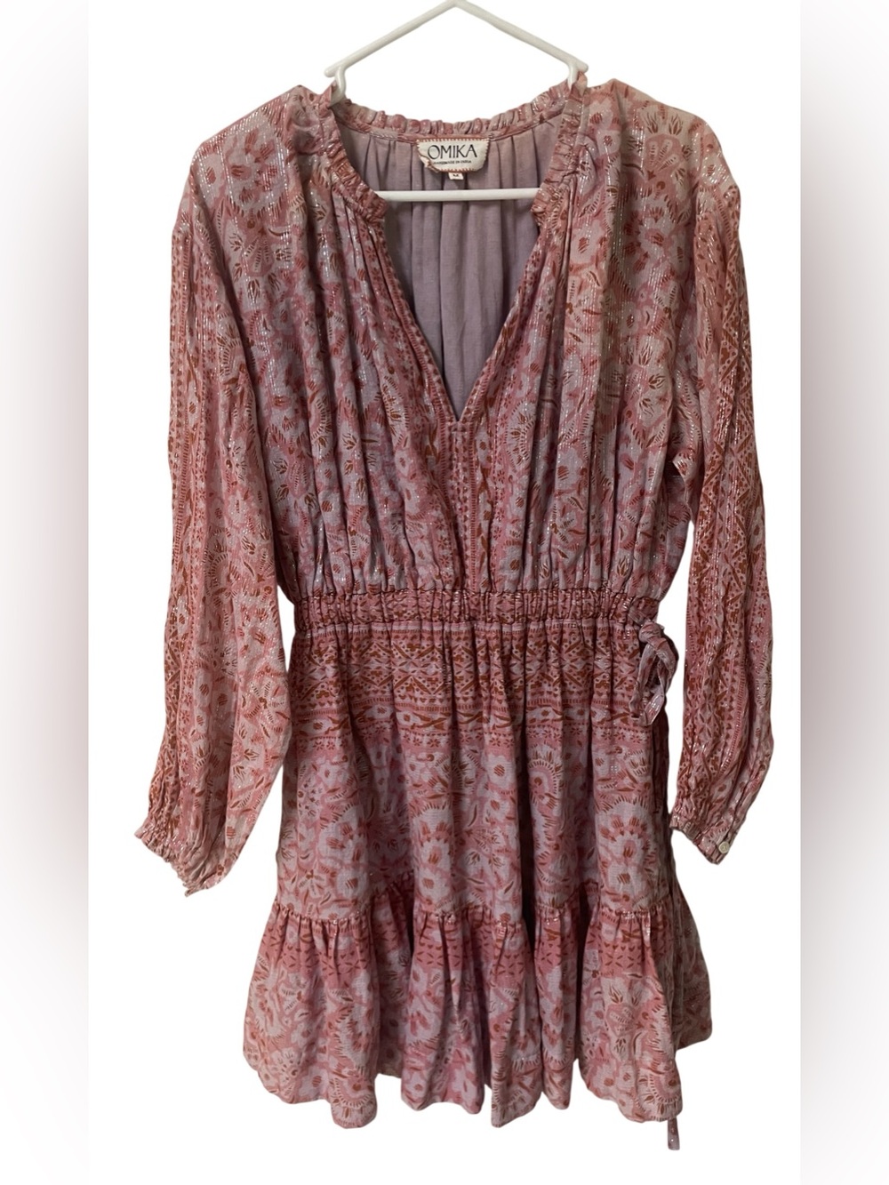 Omika Anthropologie Dress Medium V-Neck Mini Tie Waist Boho Pink Floral Cottage